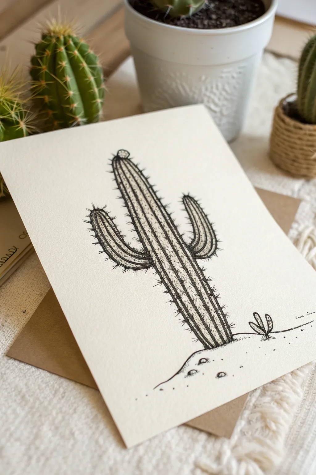 Bold ink cactus linework with stippled sand and crisp contrast in a minimalist boho style