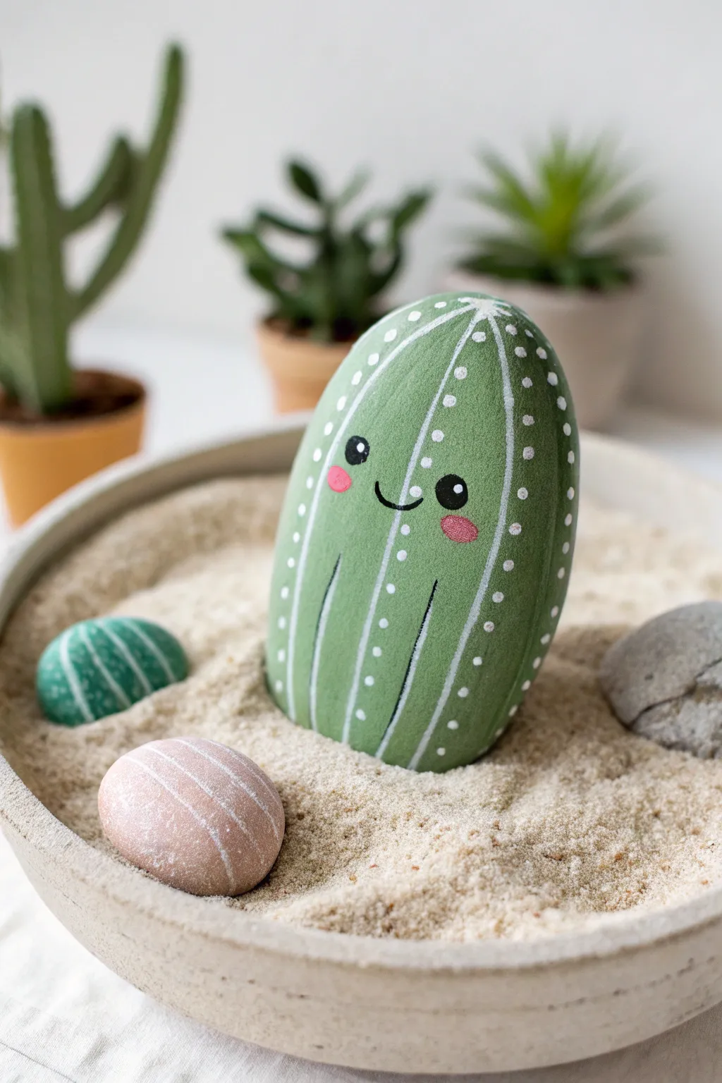 Cute cactus-face rock in clean sand, minimalist boho vibe for easy cactus rock painting inspiration