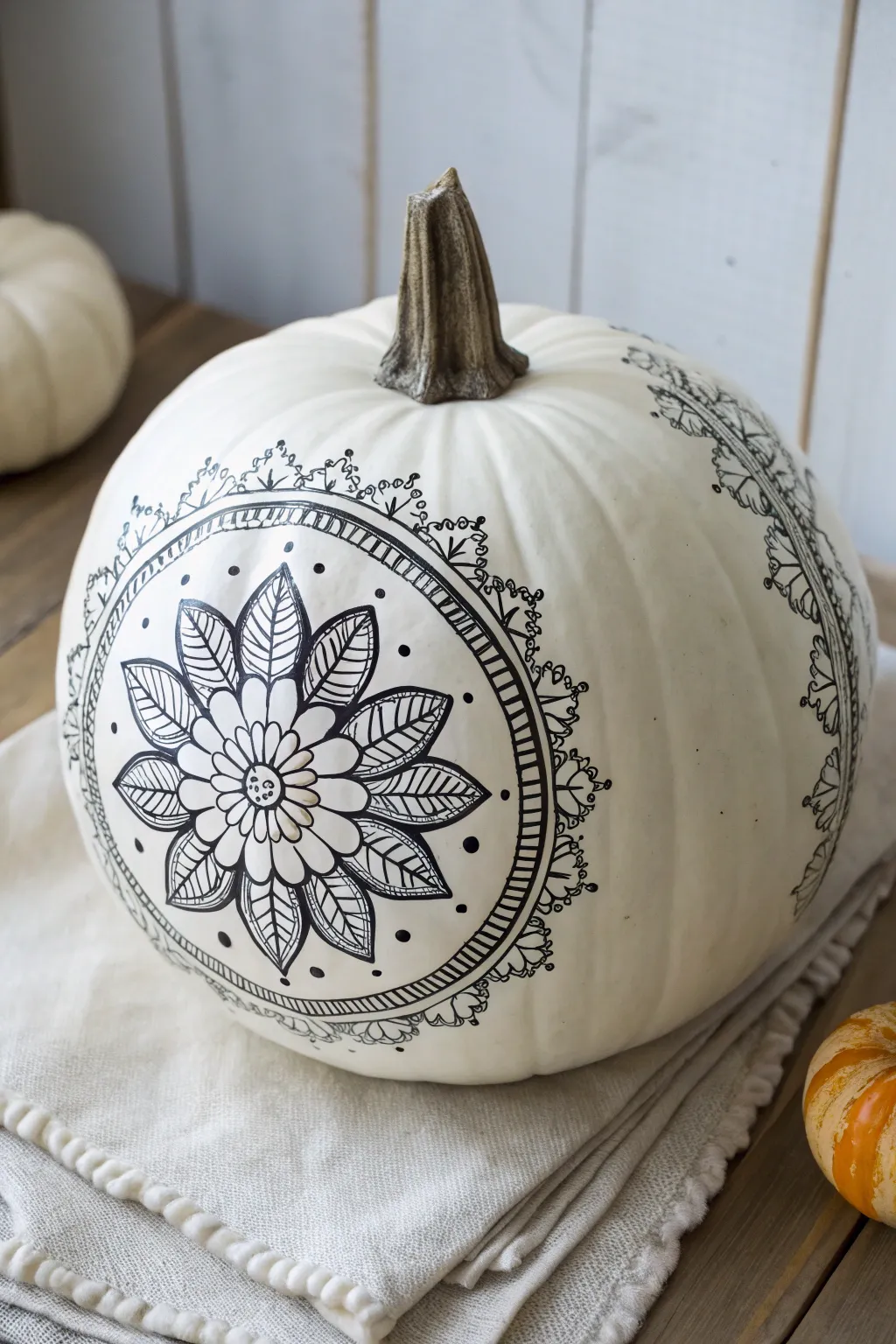 White pumpkin with bold black mandala lines, a minimalist boho DIY that pops on any table.