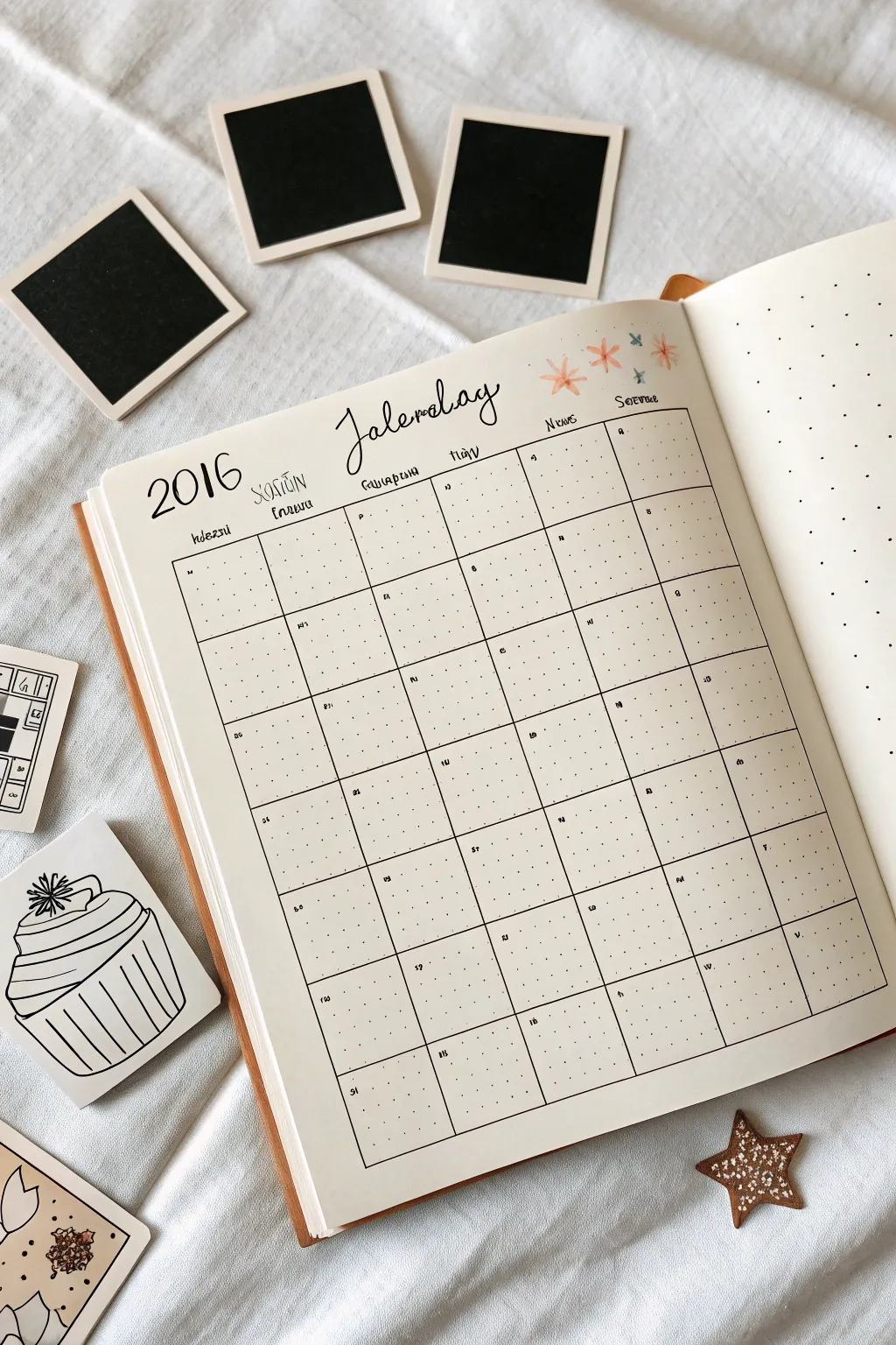 Polaroid-style framed date blocks with tiny doodles for birthdays and deadlines, clean and cozy.