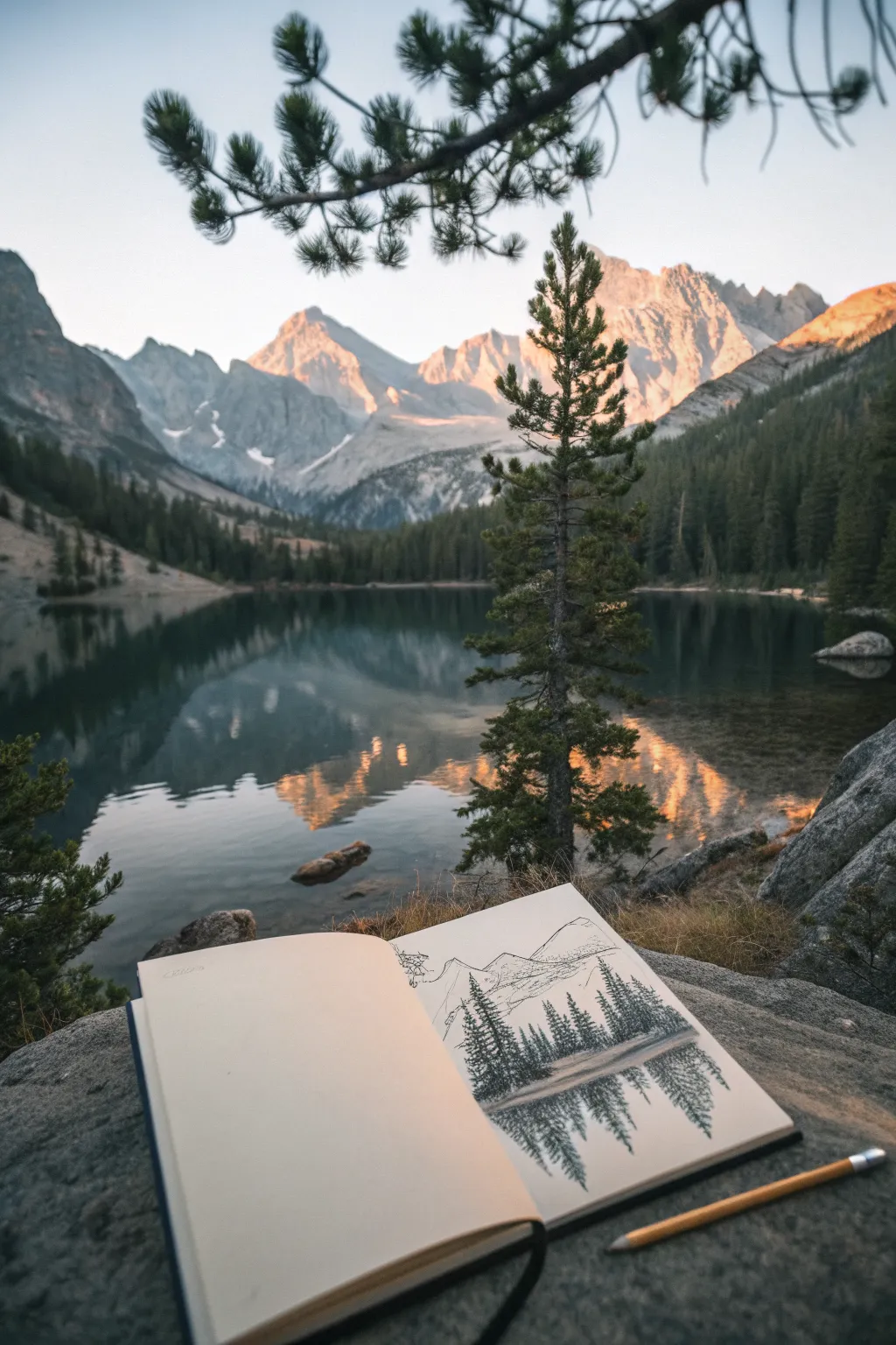 Sierra Nevada peaks mirrored in a still alpine lake, minimalist sketchbook shading with depth