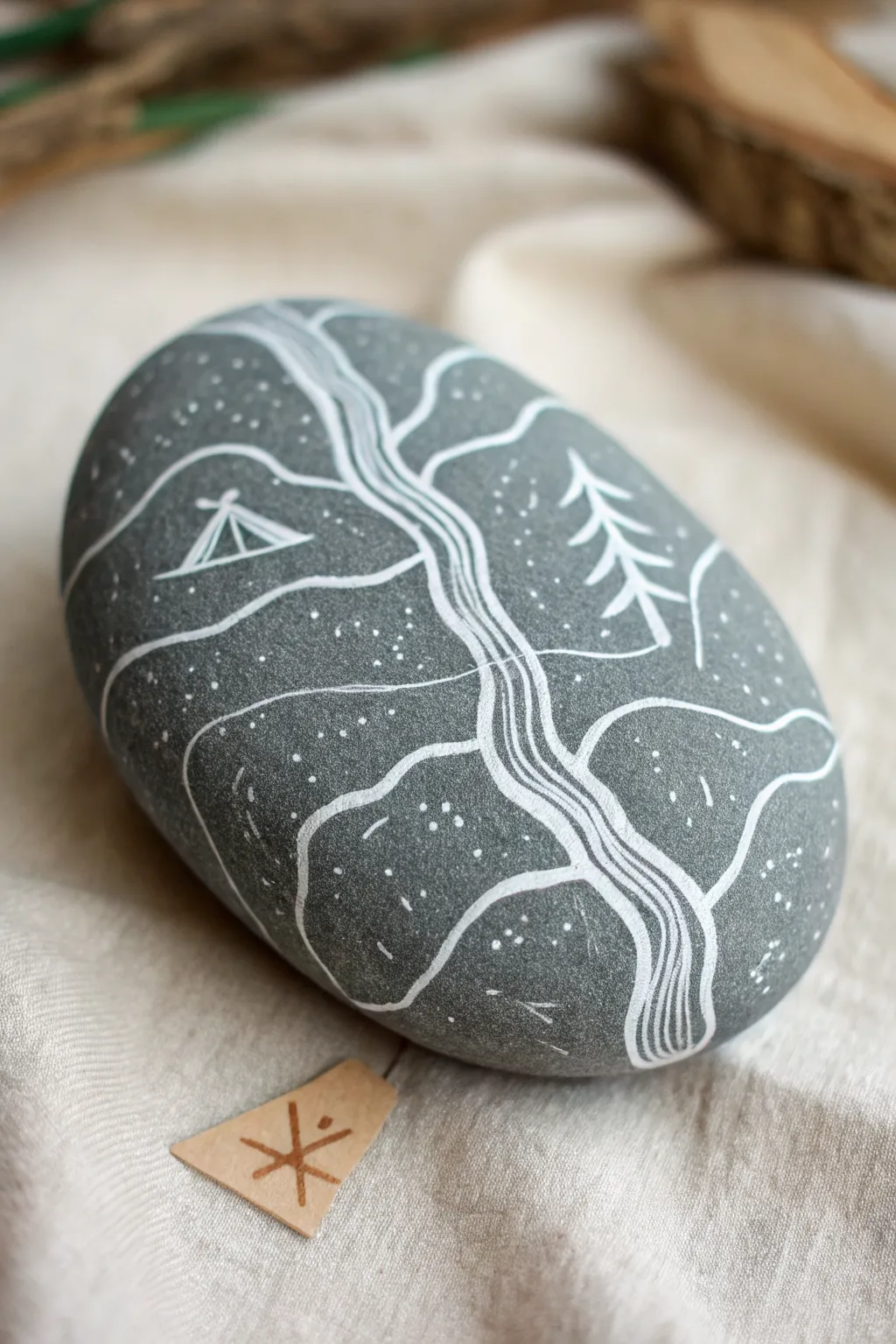 Minimal topo trail lines on a single rock with a tiny campsite marker, calm modern outdoorsy style