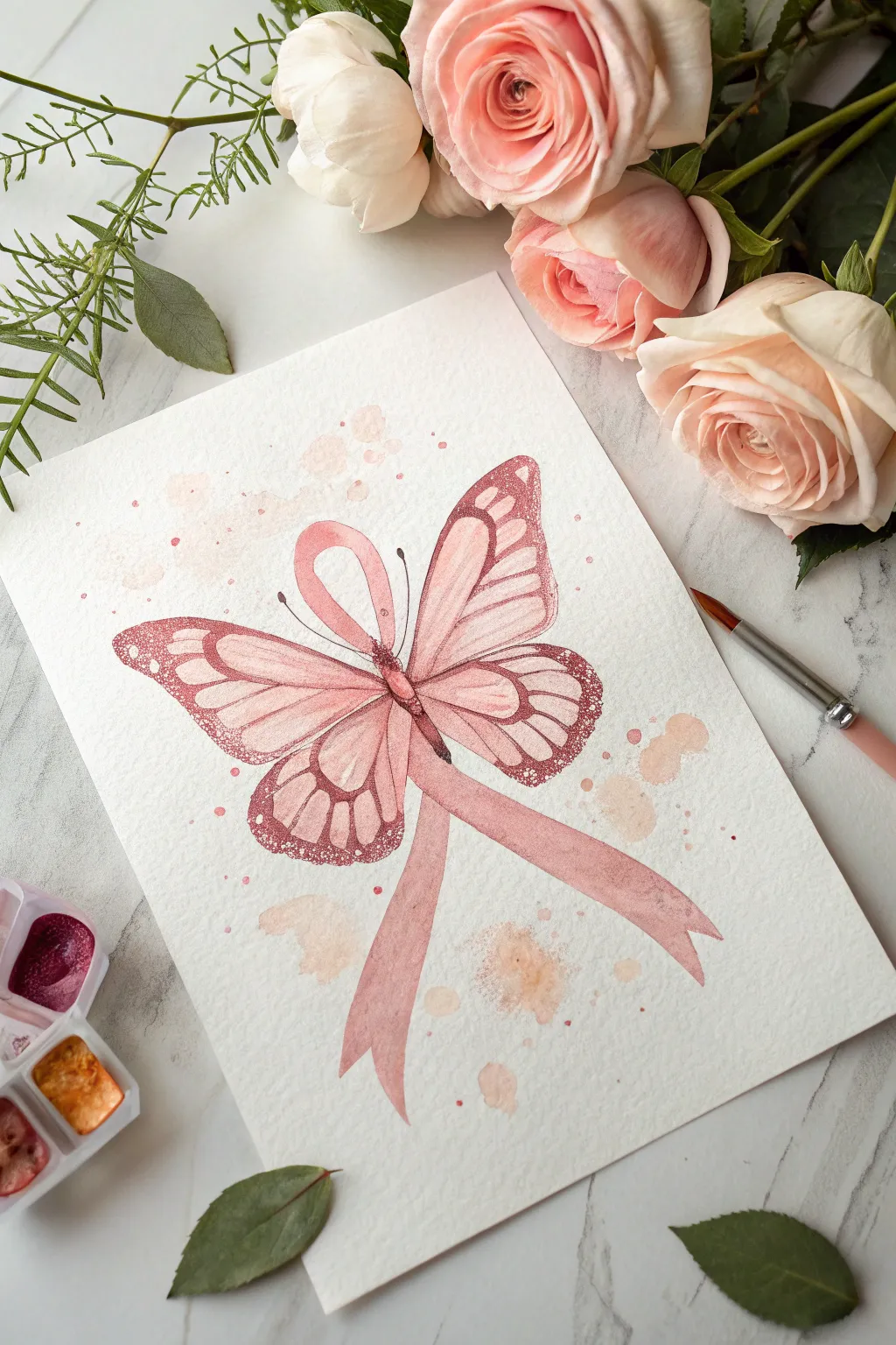 Ribbon butterfly drawing idea with soft watercolor splashes, minimalist Scandinavian-boho feel