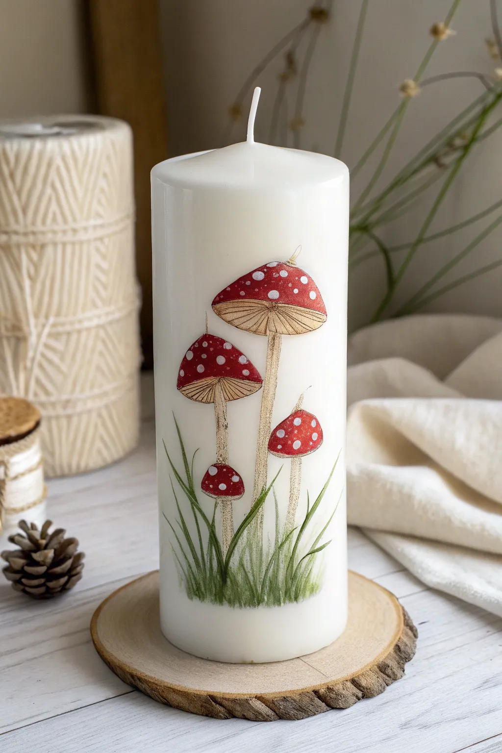 Add a touch of forest magic to your home with these DIY hand-painted mushroom candles.