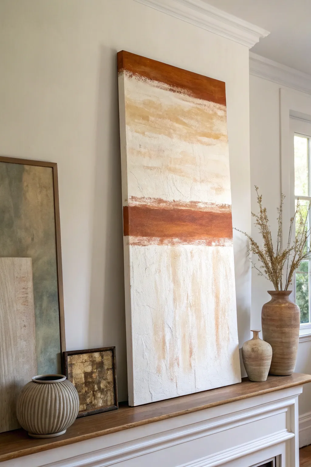 Minimal neutrals meet a single bold accent—an easy abstract canvas idea for calm, modern spaces.