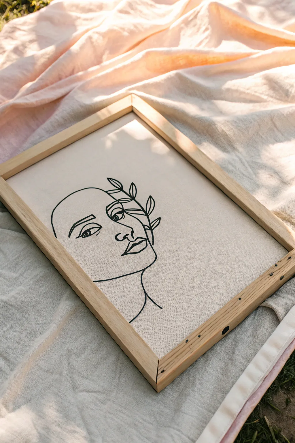 Minimal line art on a soft wash canvas board, a calm Scandinavian-boho painting idea