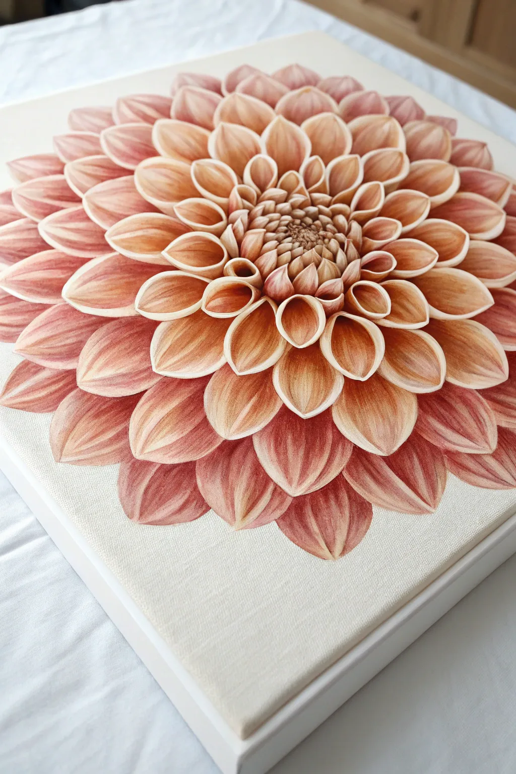 Layered dahlia petals in a cohesive terracotta palette, calming symmetry with soft depth.