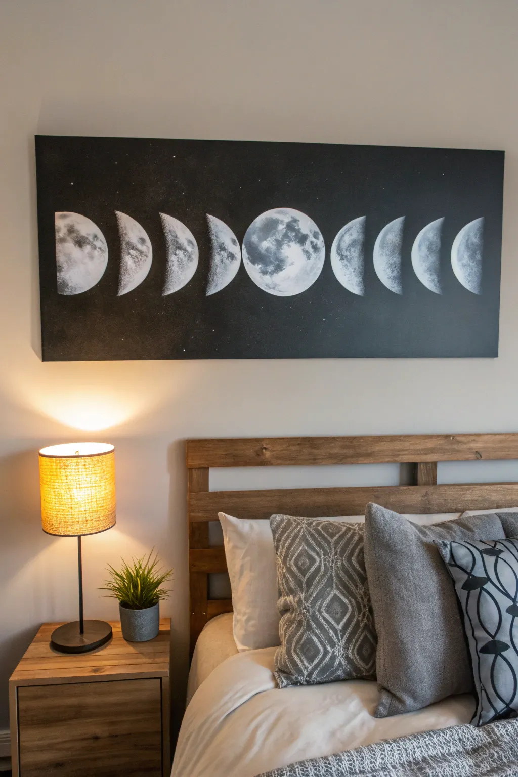 Dreamy moon phase canvas idea for a calm, cozy Scandinavian bedroom with a touch of boho
