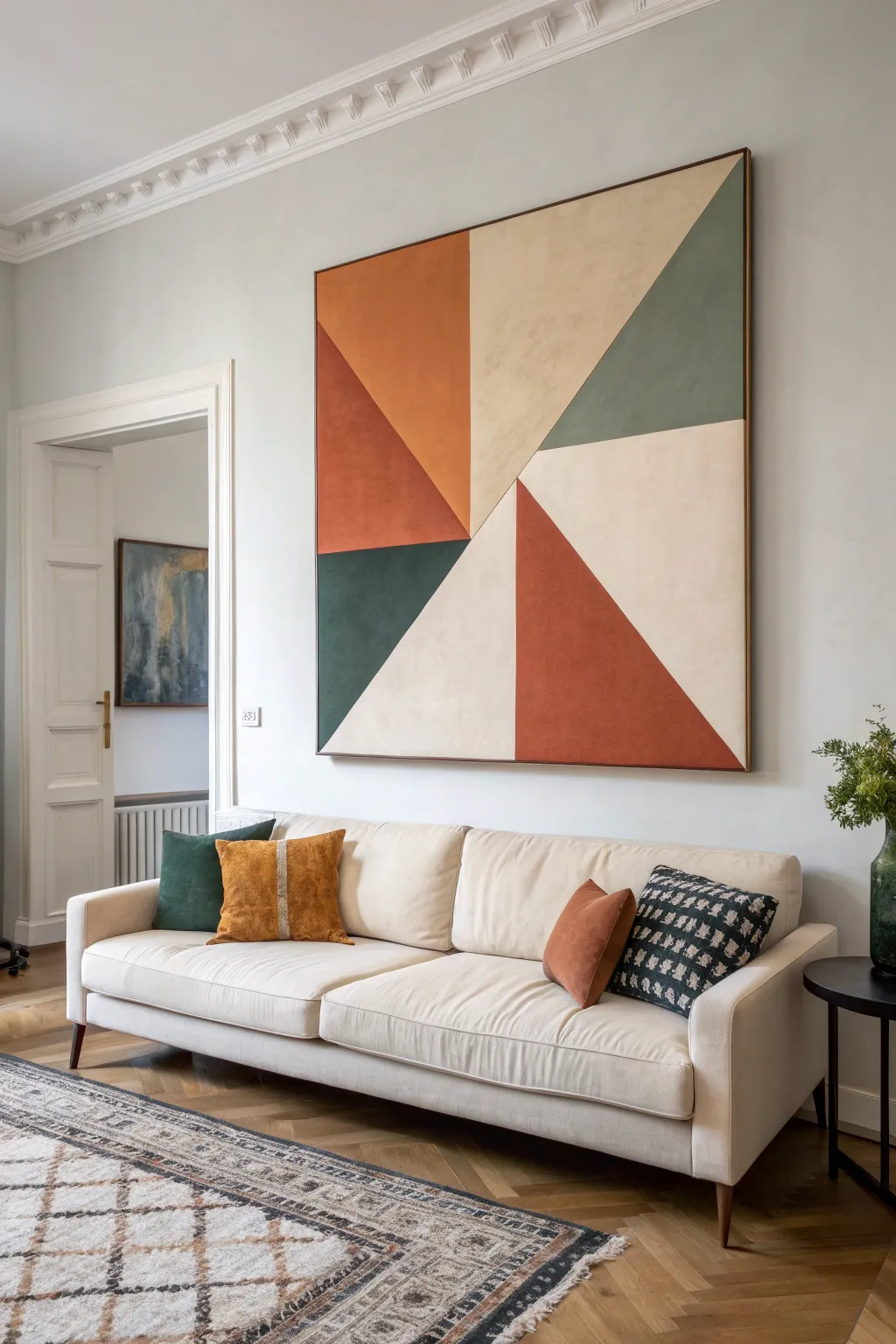 Geometric color blocks that echo your rug and pillows for a calm, cohesive living room look
