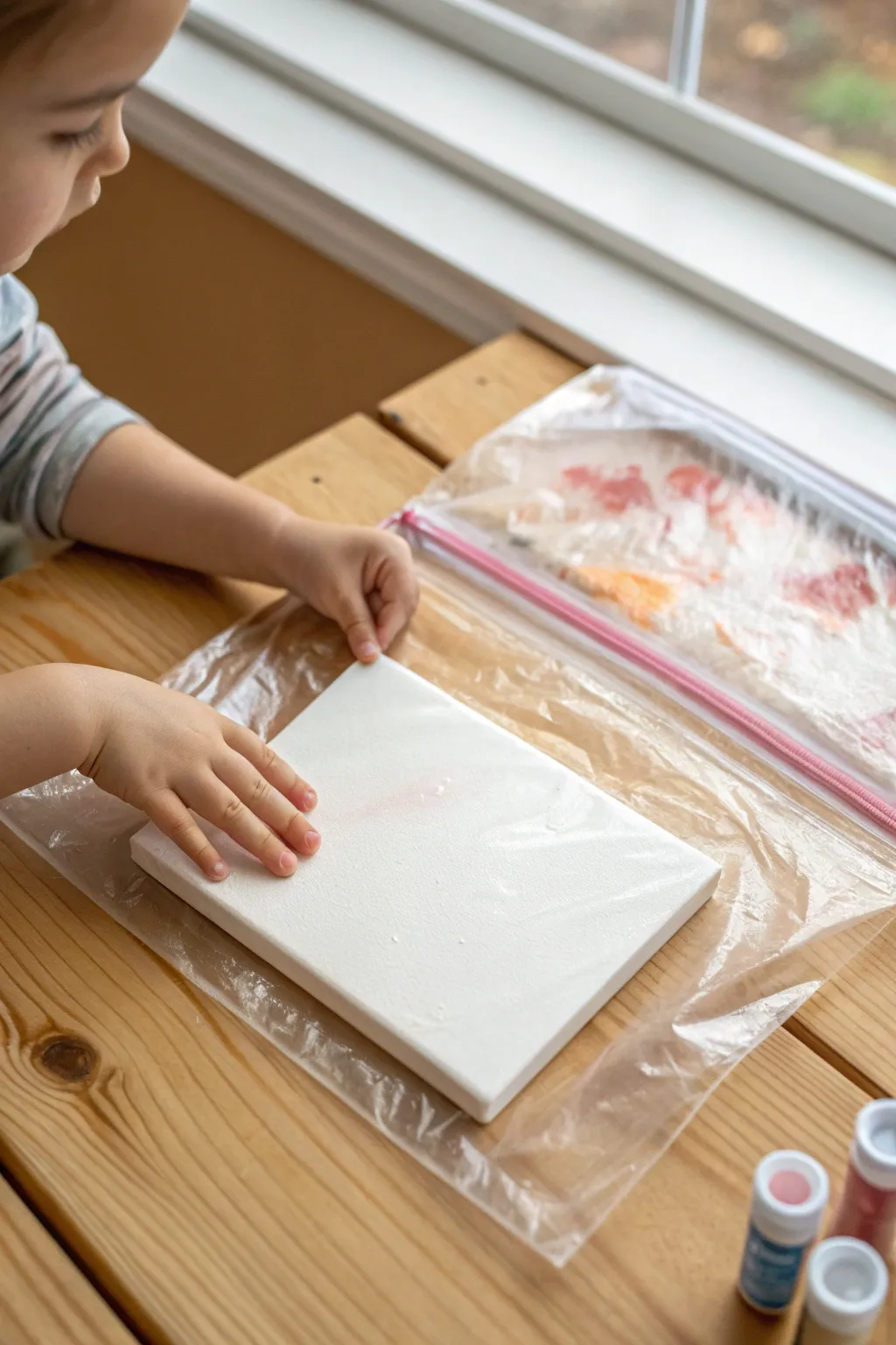 No-mess sensory canvas painting: toddlers squish and swirl color safely in a sealed bag