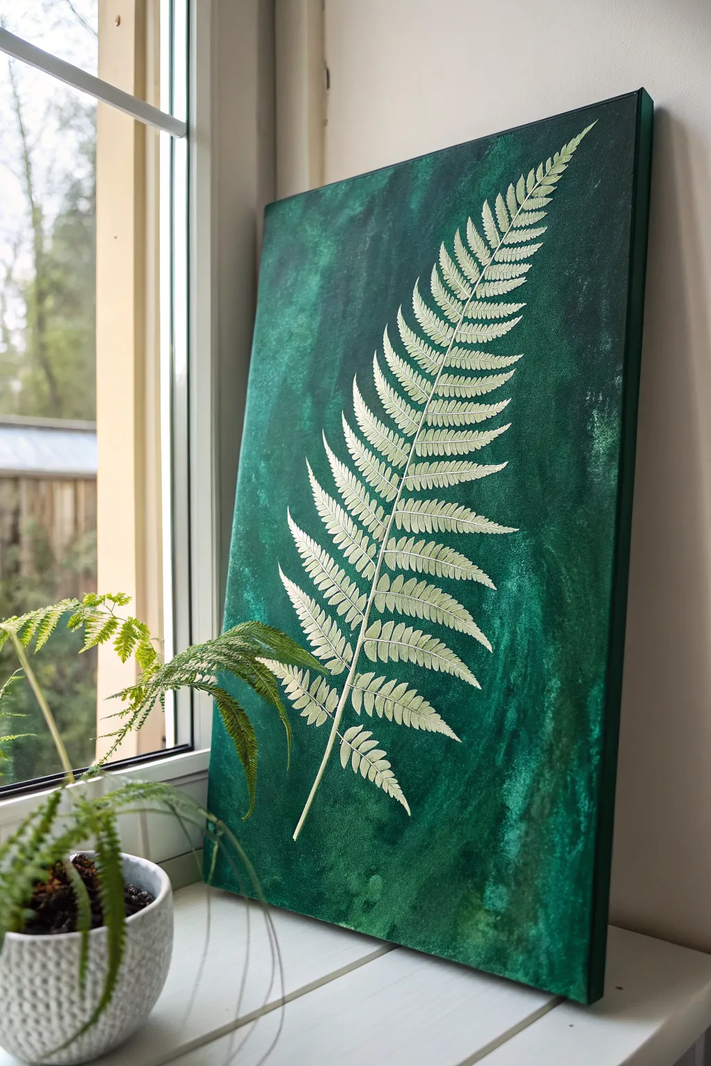 Fern frond close-up on deep green, simple Scandinavian boho canvas painting idea for beginners
