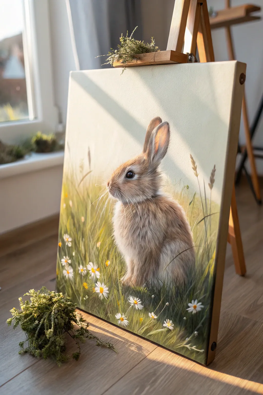 A fluffy baby bunny in wildflowers, a simple Scandinavian-boho spring canvas painting idea