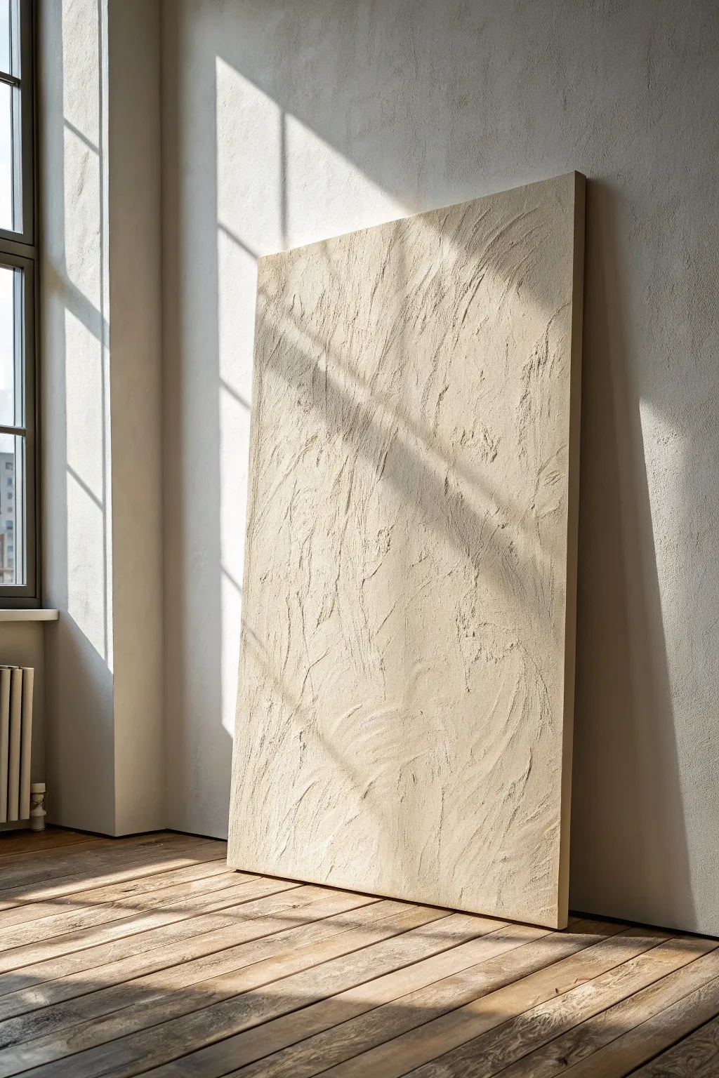 Tone-on-tone textured canvas art with side lighting for soft shadows and minimalist Scandinavian calm