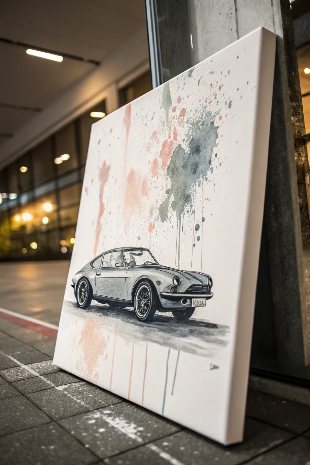 Watercolor splash car silhouette on crisp white canvas, minimalist boho vibes and bold contrast.