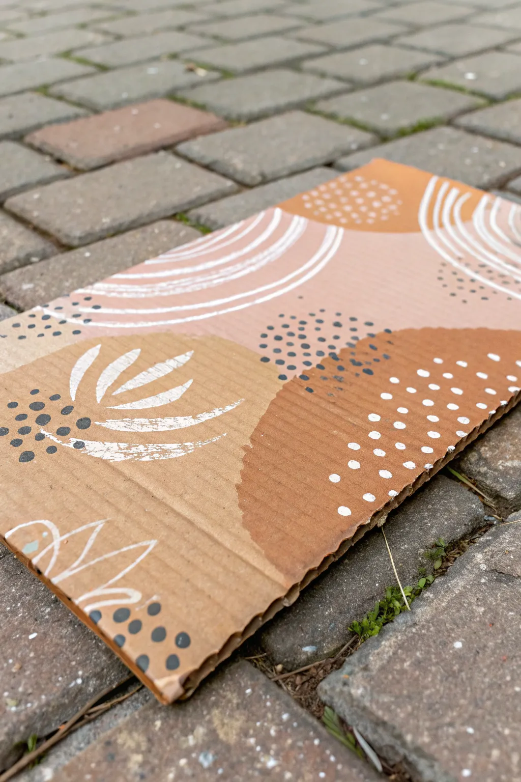 Abstract brush marks and dry-brushed layers on cardboard, minimal palette with boho warmth
