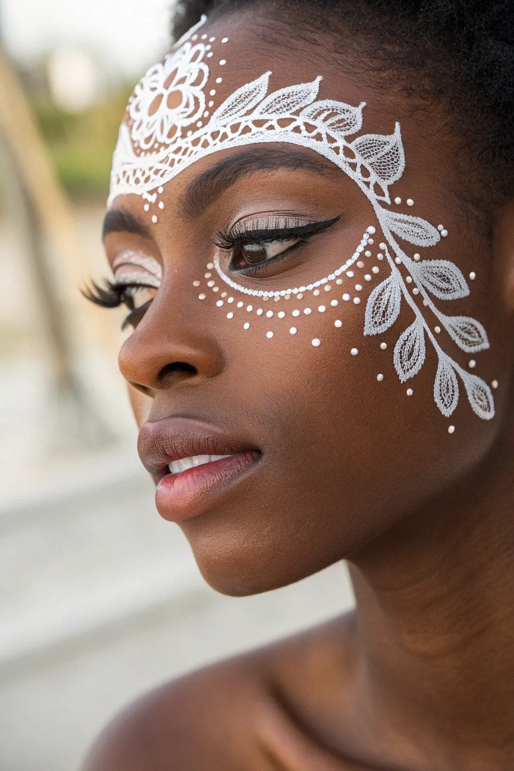 Achieve a chic bohemian carnival look with these delicate white lace face paint patterns.