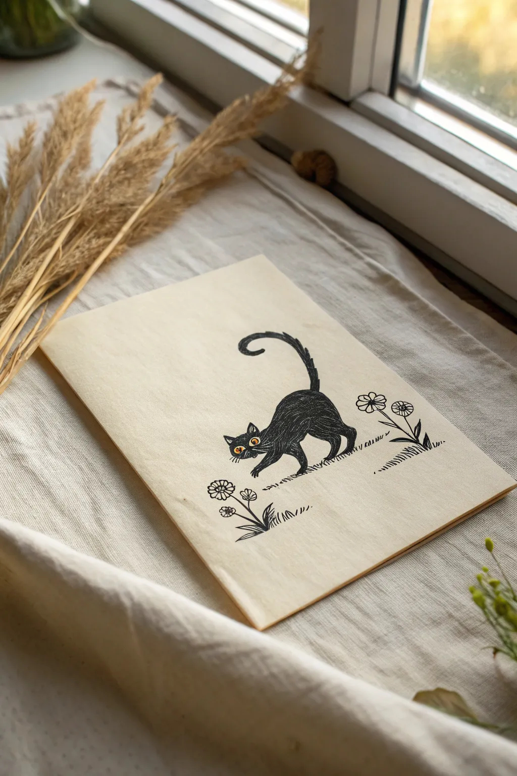 Scaredy cat doodle: bold arched back silhouette with puffed tail, clean minimalist style.