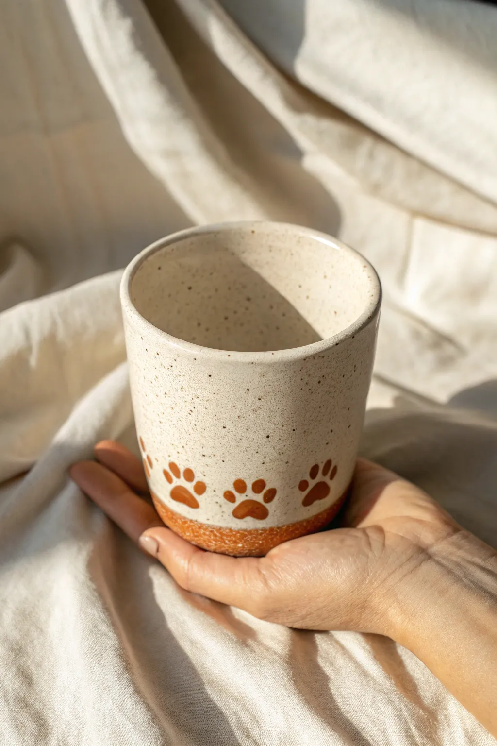 Simple paw-print ring around the base for a chic, beginner-friendly cat pottery design