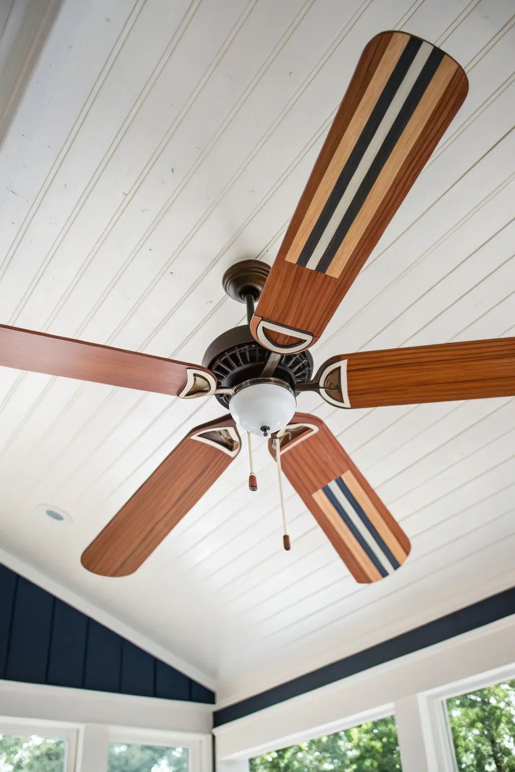 Bold diagonal stripes on fan blades add instant energy with clean Scandinavian-boho contrast.
