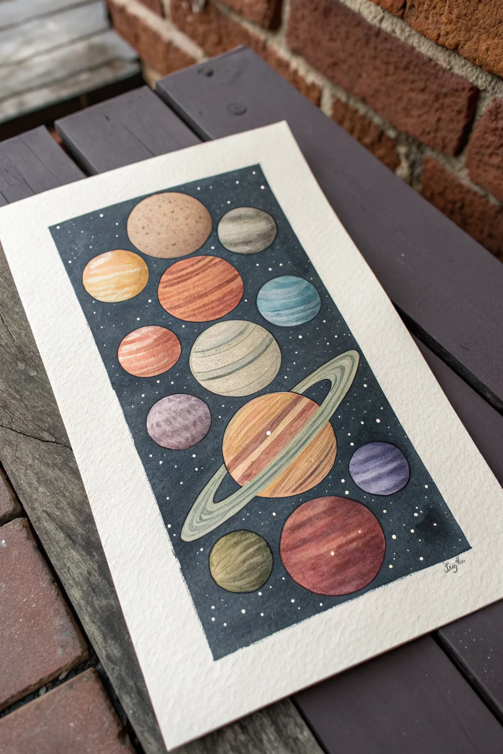 Minimal planet parade color study with muted palettes on a dark starry sky, easy to recreate.