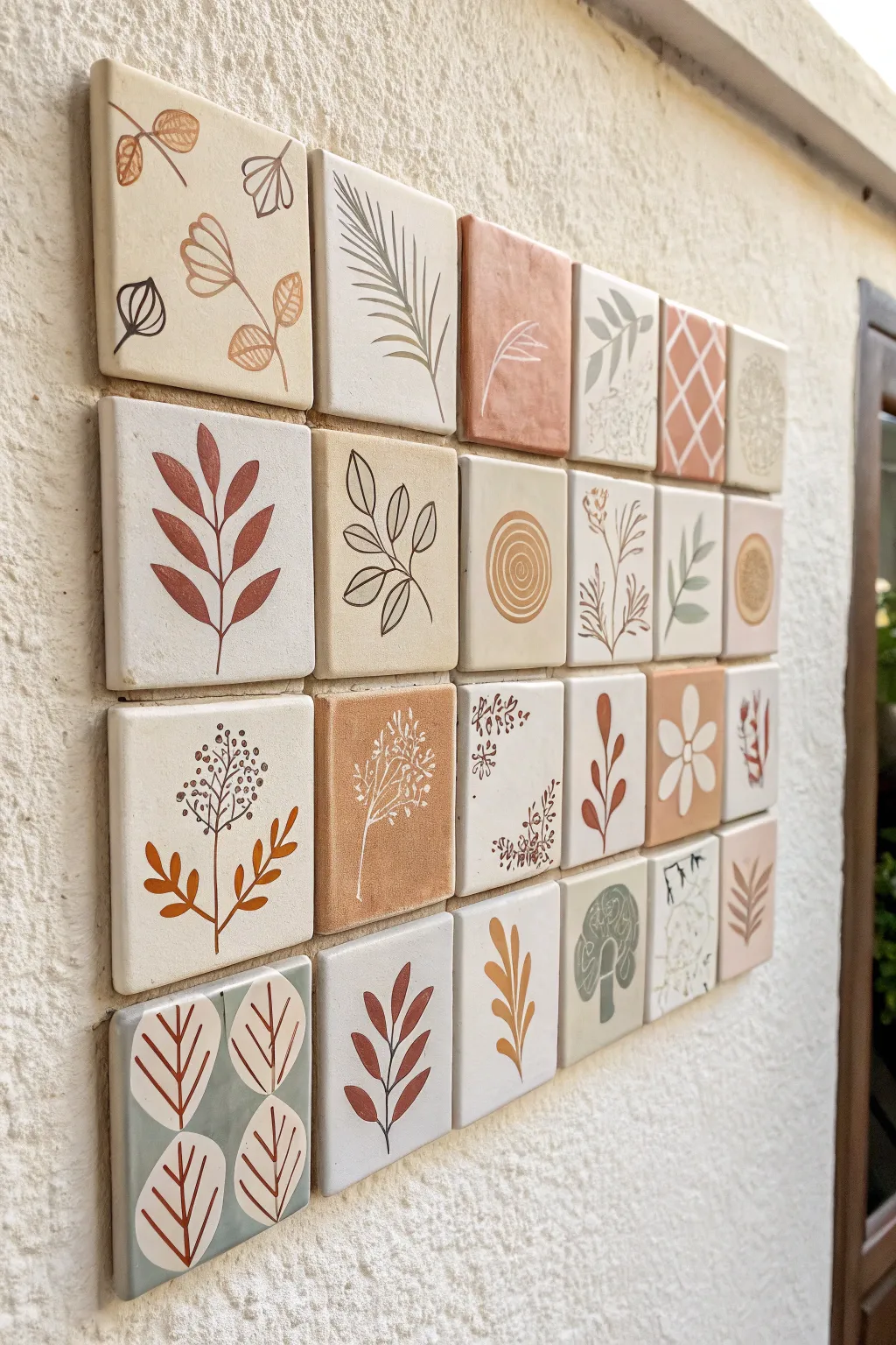 Mini ceramic paintings: hand-painted wall tiles in a calm boho palette, gallery-style.