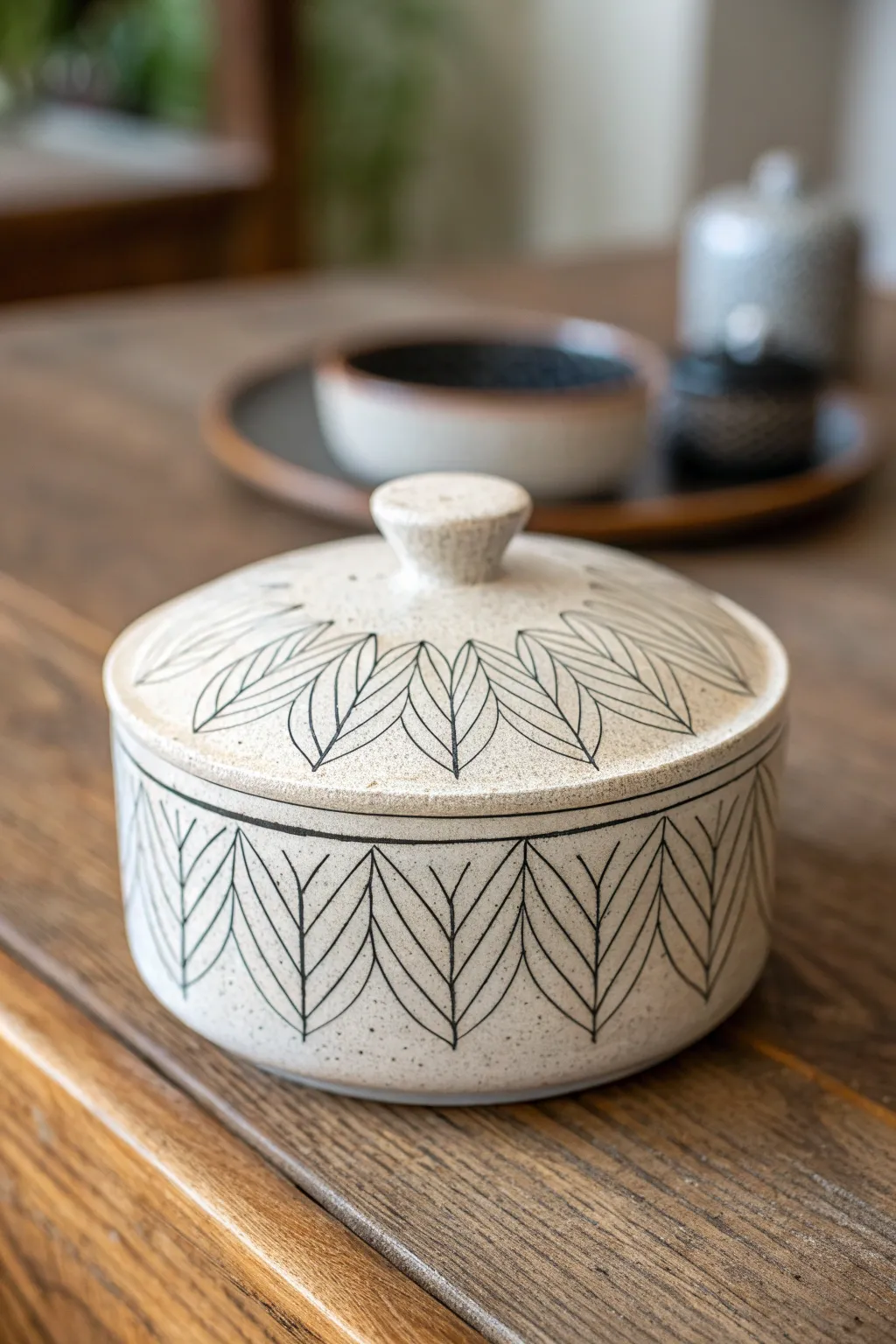 Mishima inlay lidded box with crisp drawn patterns and a matching pencil sketch beside it.