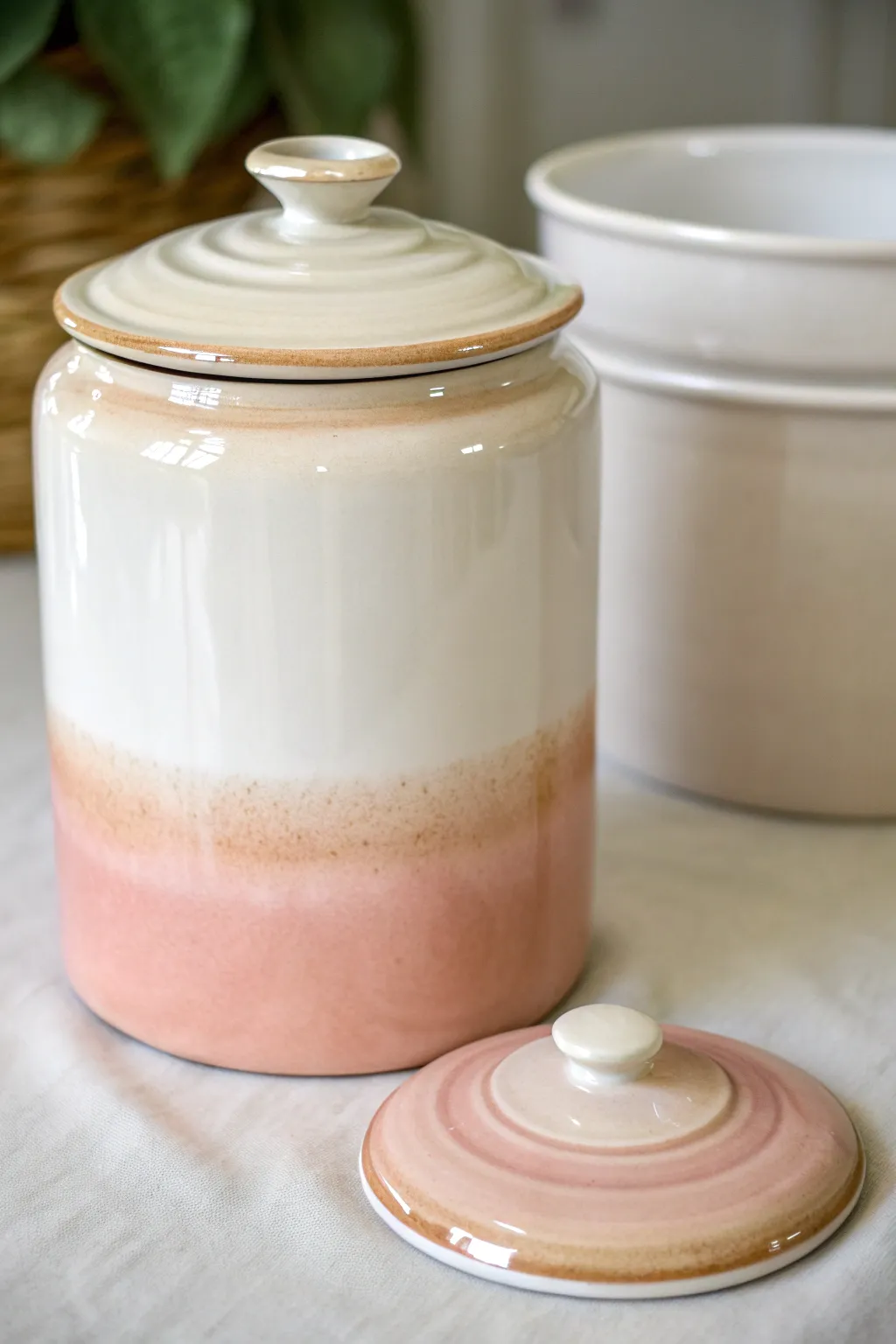 Soft ombre dip-glazed cookie jar with glossy shine and a minimalist Scandinavian feel