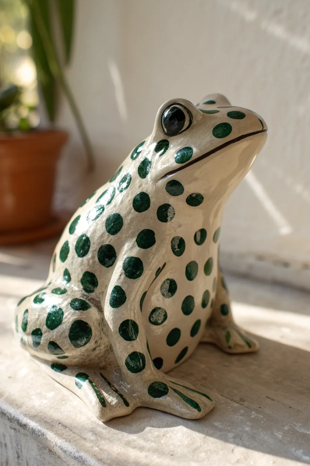 Bold polka-dot ceramic frog with crisp contrast on a clean, minimalist backdrop
