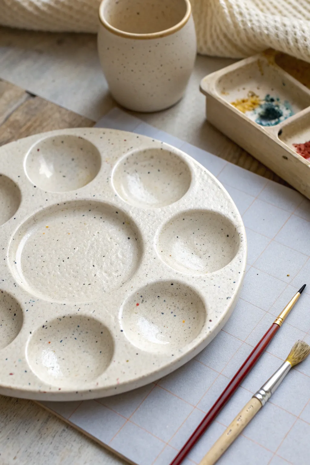 Speckled ceramic paint palette with built-in cup, set for calm and creative studio days.
