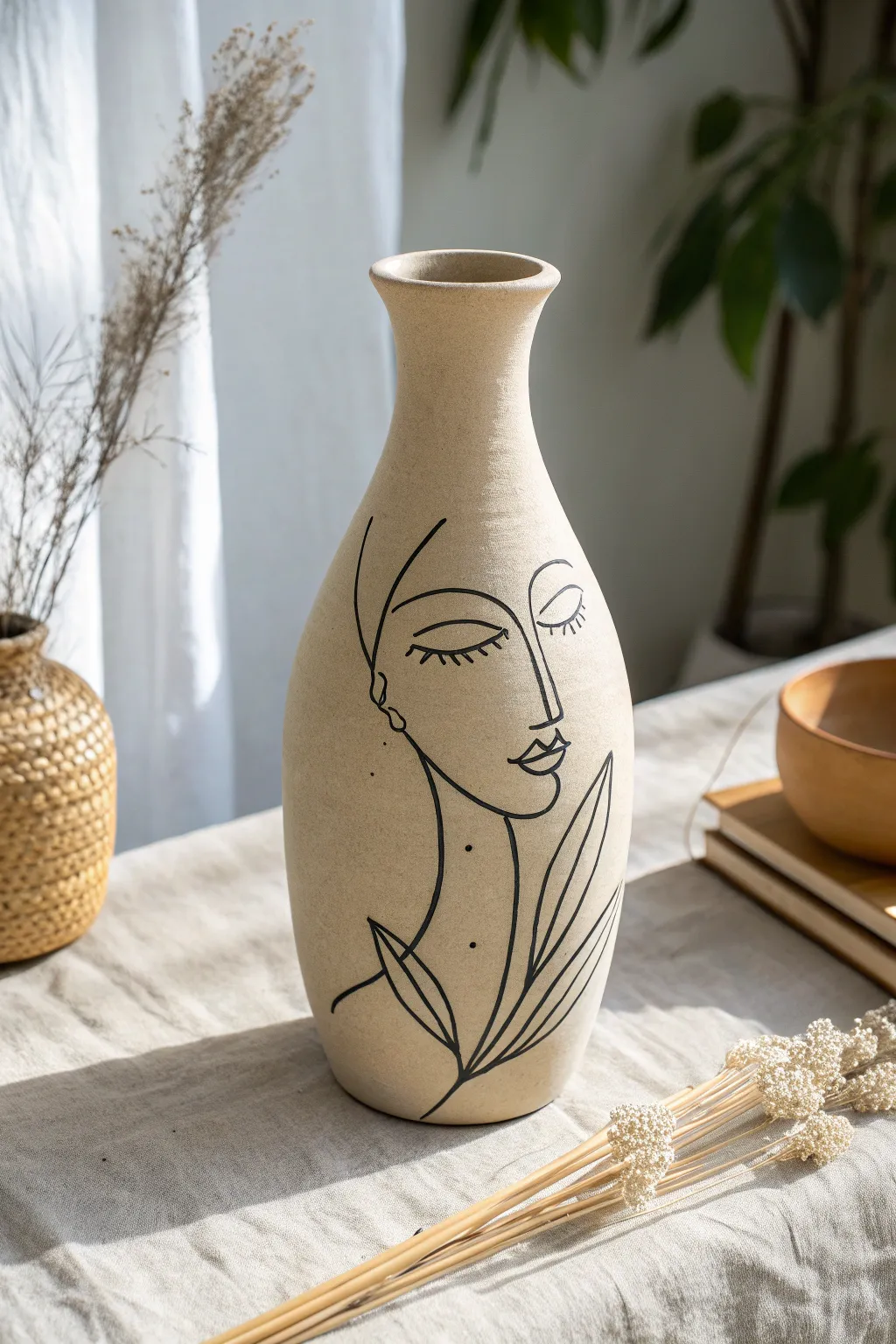 Minimal one-line face art on a neutral ceramic vase for a calm, modern Scandinavian look