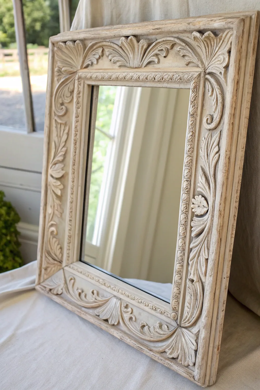 Chalk painted mirror frame with waxed patina, highlighting ornate carvings and matte texture