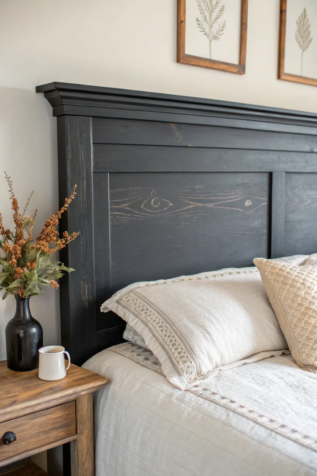 Matte black chalk headboard with softly distressed edges, balanced by cozy cream linens.