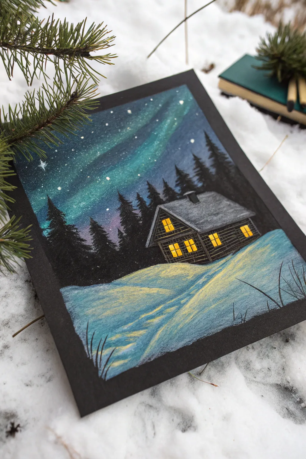 Cozy chalk pastel cabin on black paper, warm windows glowing under a crisp, starry winter sky