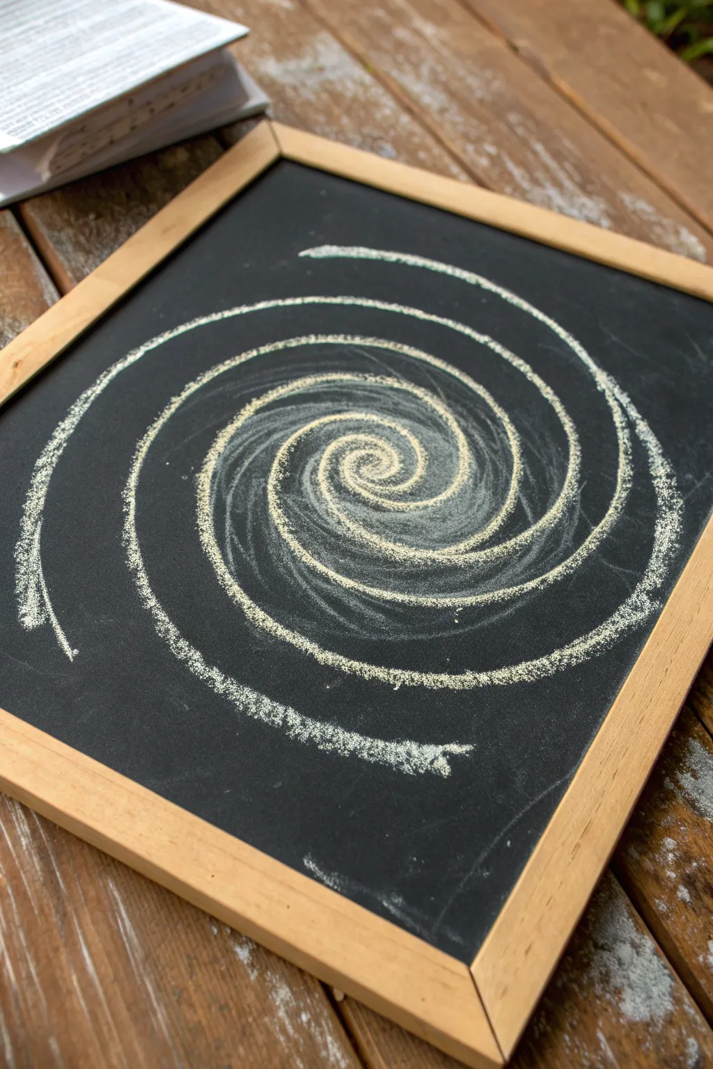 Minimal chalk whirlpool drawing with a tiny figure at center, pulled into soft swirling lines.