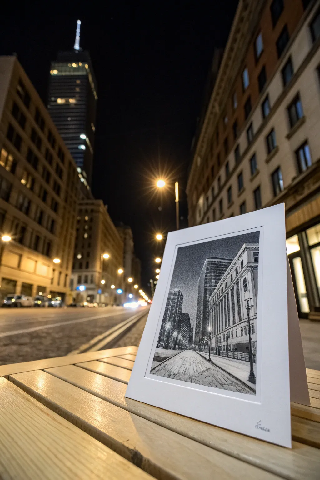 Hard-edged charcoal cityscape with glowing erased windows, bold lines against a deep night sky