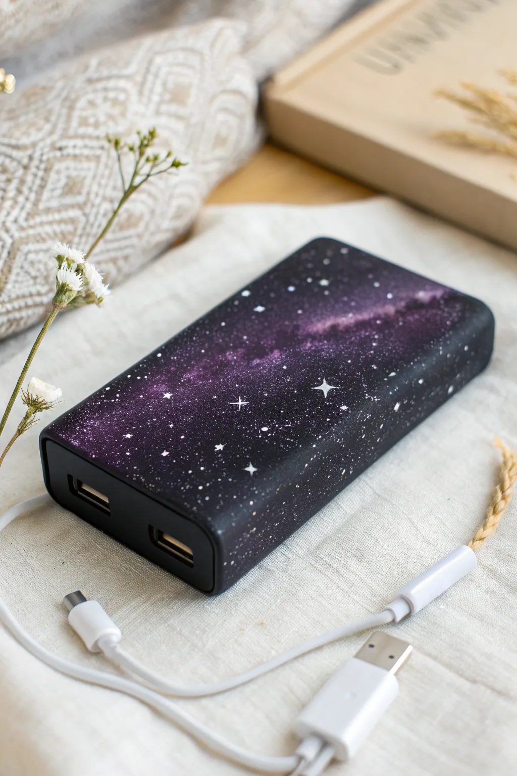 Galaxy-speckled charger brick painting idea: deep purple fade with delicate starry dots.