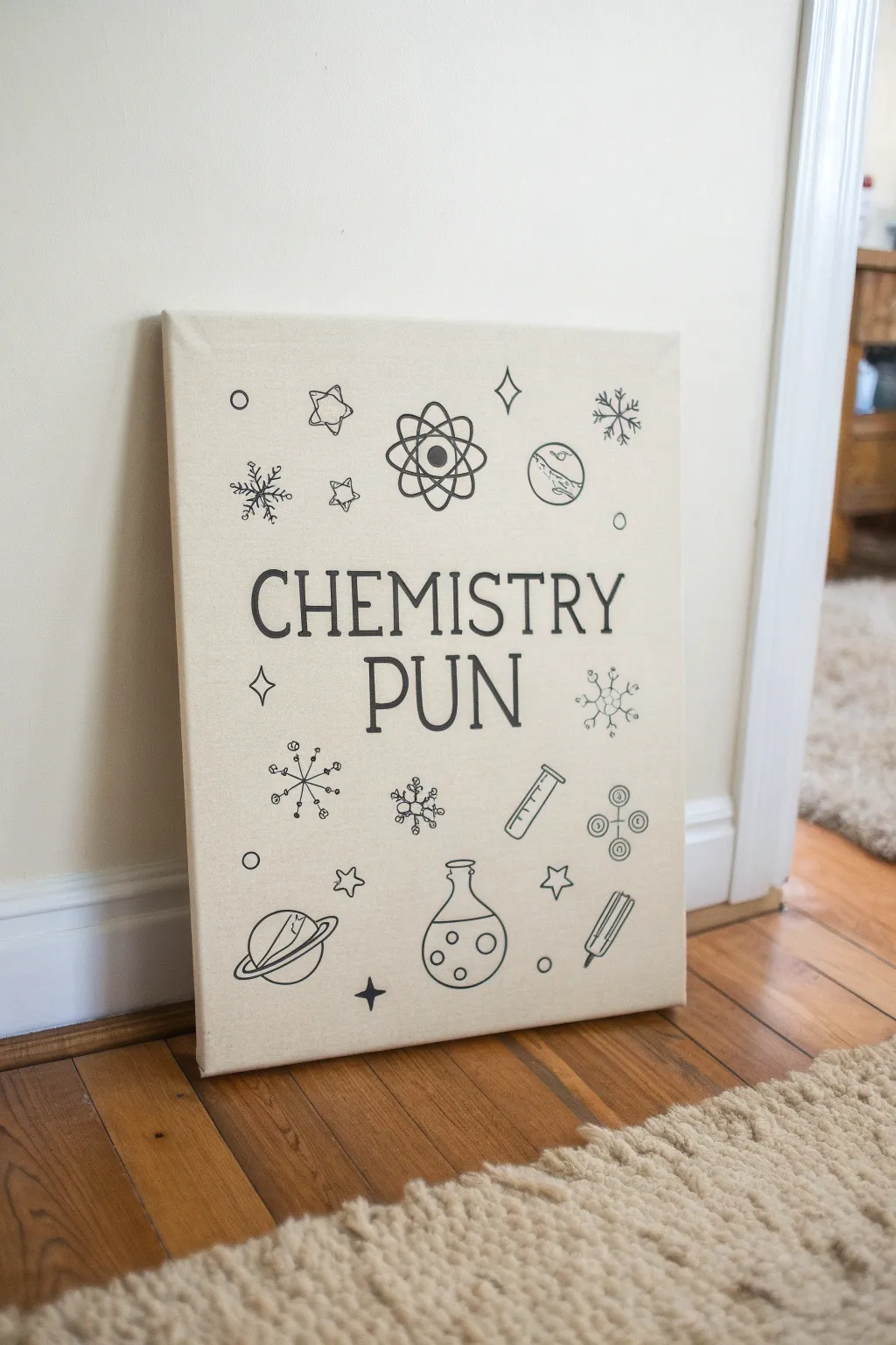 Chemistry pun typography canvas with tiny lab icons in a soft Scandinavian boho palette