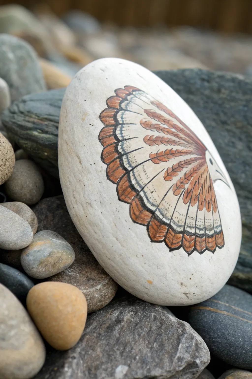 Scalloped feather wings hen rock painting, crisp close-up detail in calm Scandinavian tones.