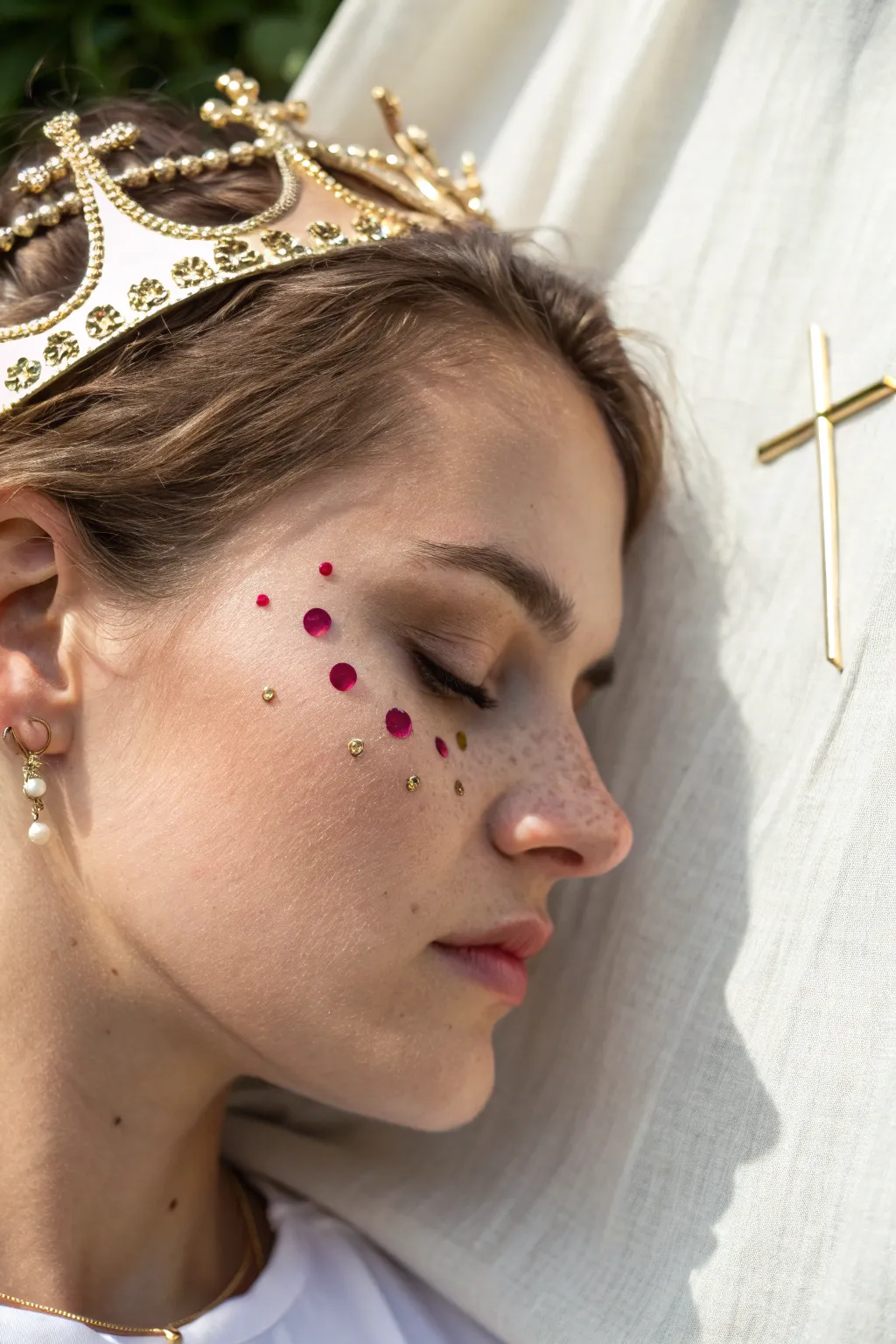 Gold crown and cross temple face paint with jewel dots, a simple King of Kings statement