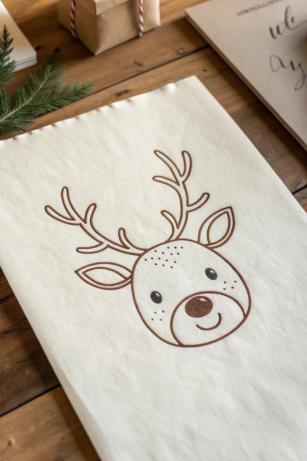 Easy reindeer face with simple antlers, minimalist festive sketch for cozy Christmas drawing.