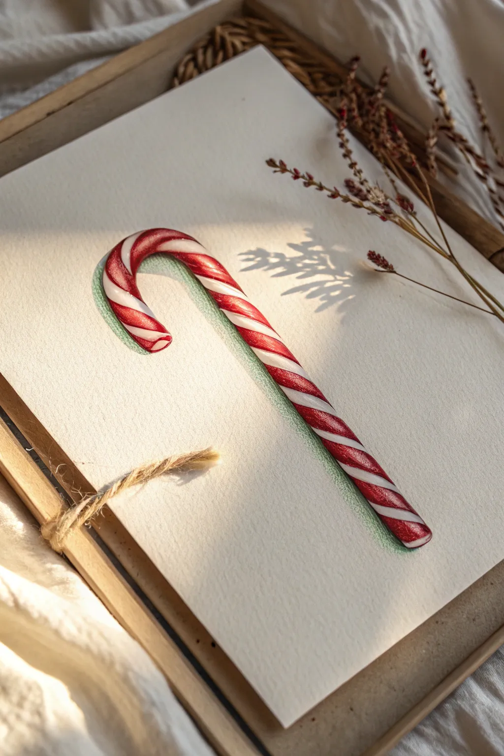 Minimal candy cane sketch with wrapped stripes and a soft shadow for cozy Christmas shading practice
