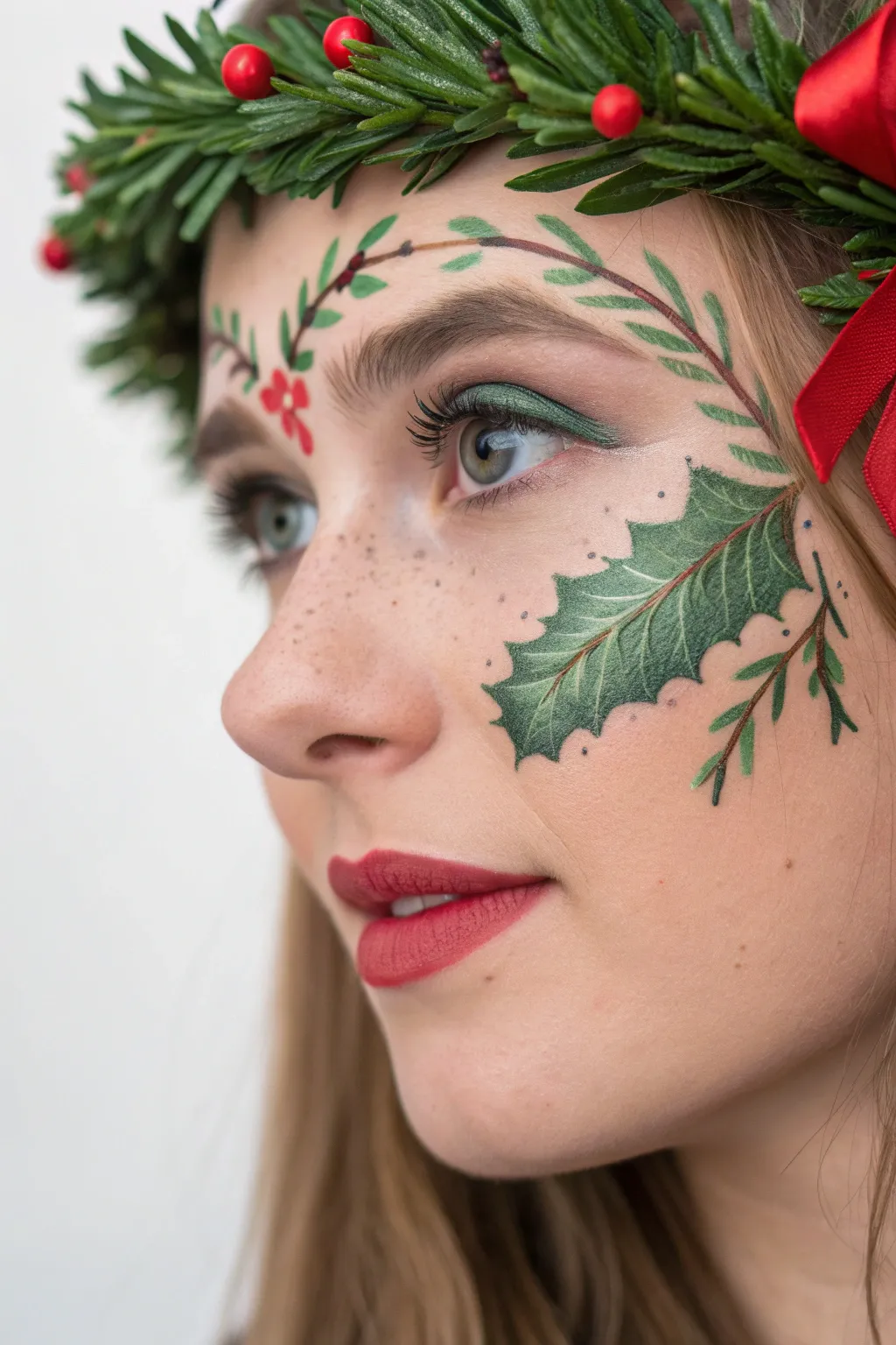 Minimal Christmas face paint: pine wreath mask around one eye with holly, berries, and bow.