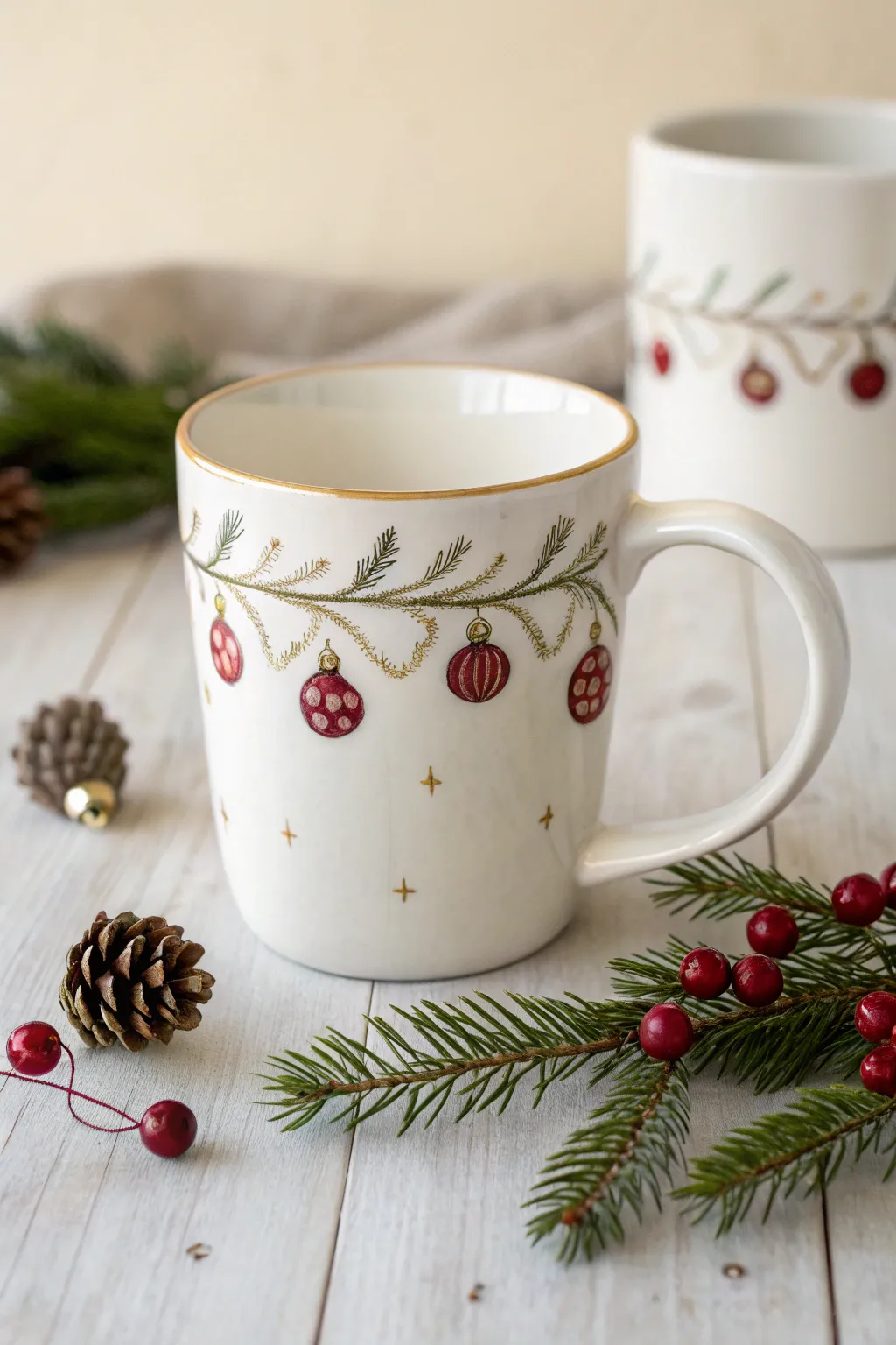Hand-painted mug with ornament garland wrap, minimal Nordic styling and warm bokeh glow.