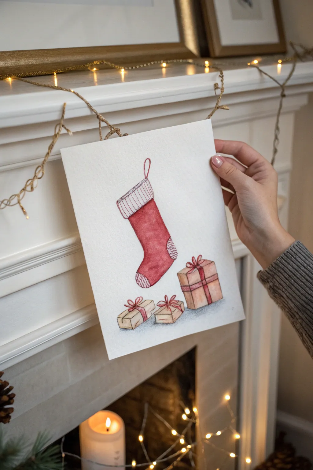 Cozy Christmas stocking by the fireplace, a simple kid-friendly painting idea in warm tones