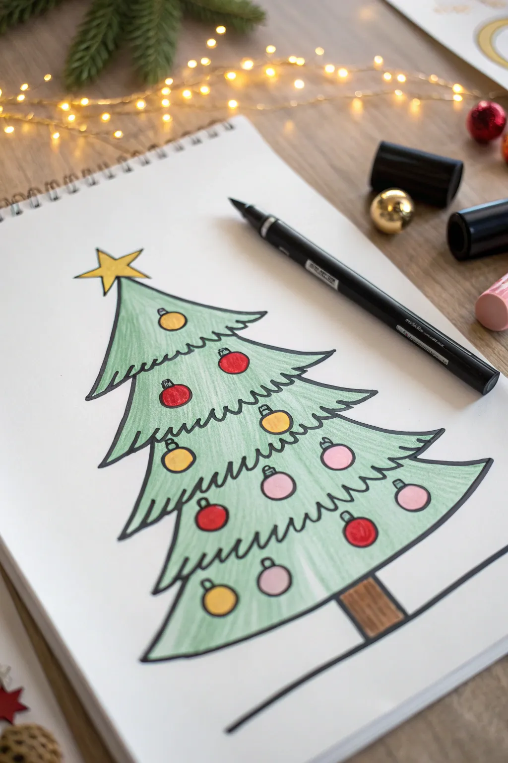 Bold marker Christmas tree with clean outlines, flat green fill, and bright minimal ornaments
