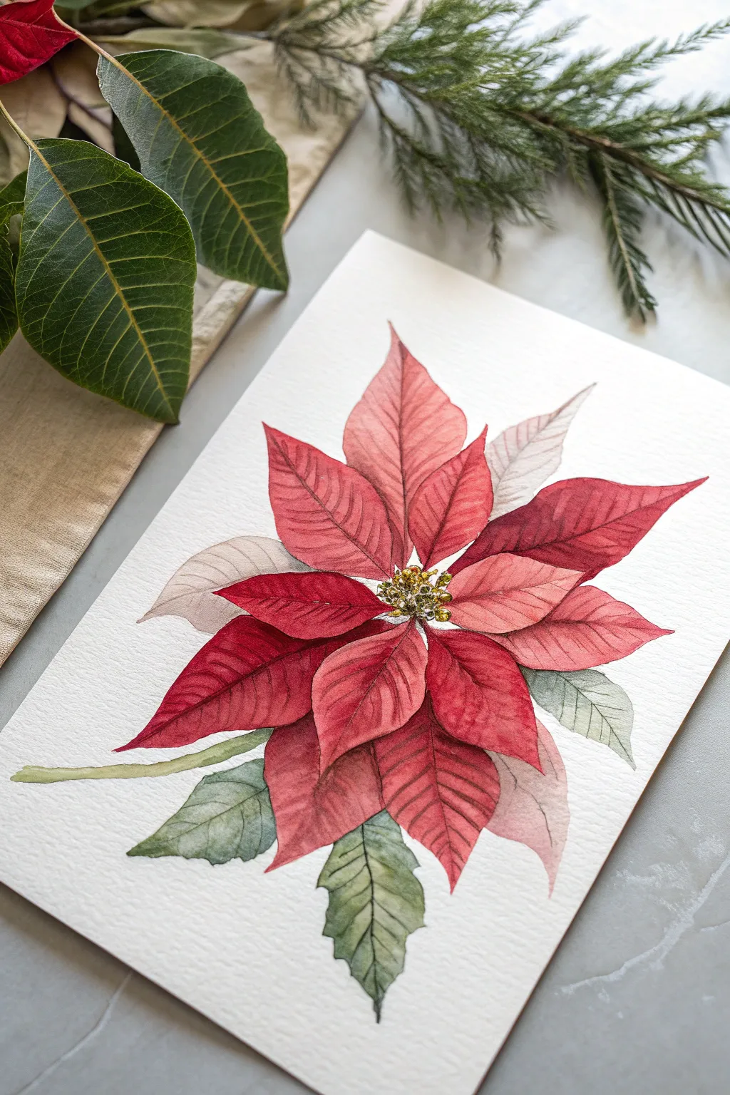 Layered watercolor poinsettia in bold reds and muted greens for a modern festive look