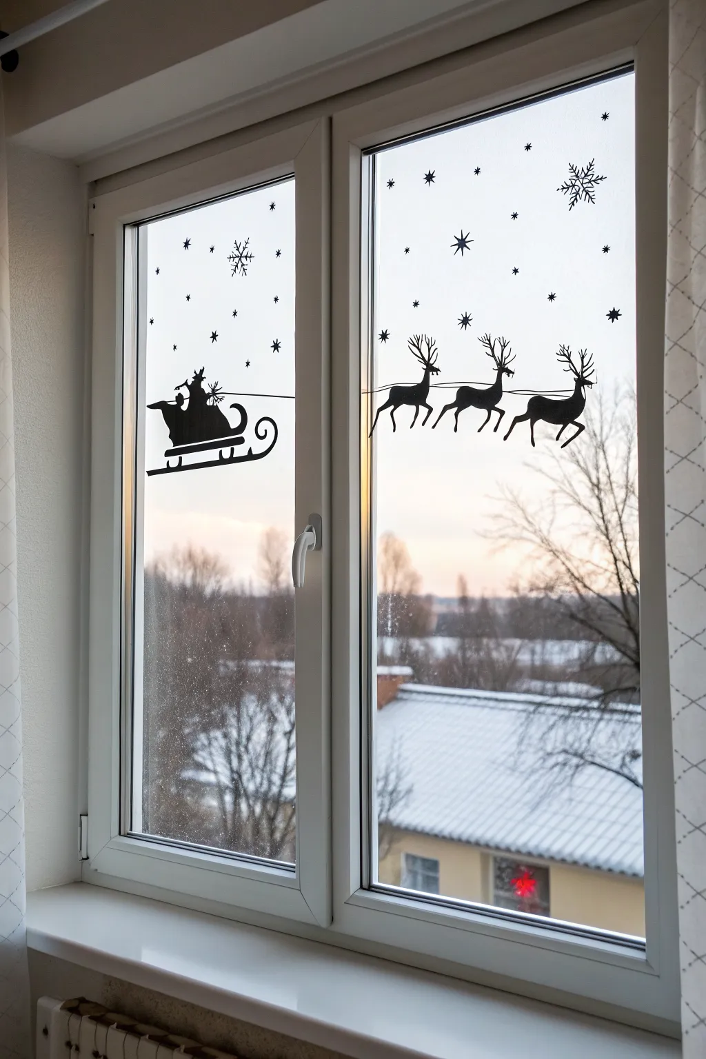 Minimal sleigh and reindeer window painting with a starry night trail, crisp and cozy.