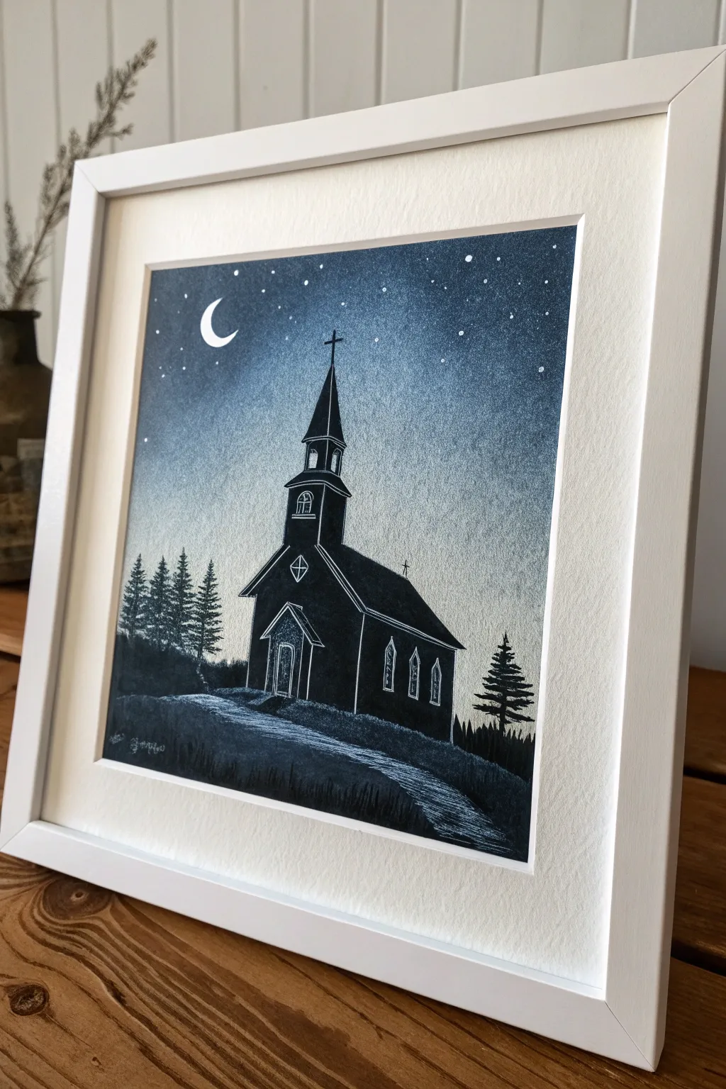 Paint a dreamy starry sky behind a simple church silhouette, with soft moonlit edges.