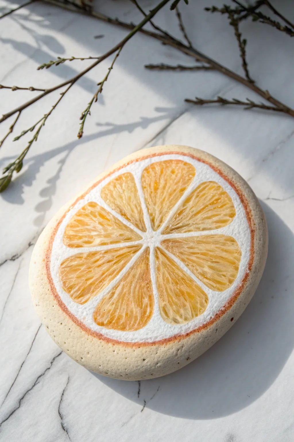 Citrus slice circle rock painting with crisp wedges, soft pith ring, and bright juicy layers