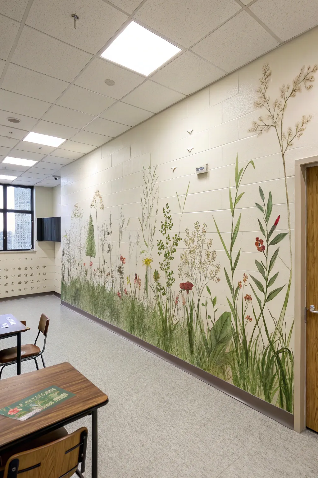 Indoor meadow mural for classrooms: soft grass and wildflowers with airy space above